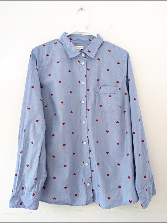 J. Crew Tops - J. Crew Women's Light Blue Button-Down Shirt with Red Hearts Preppy ~ XL